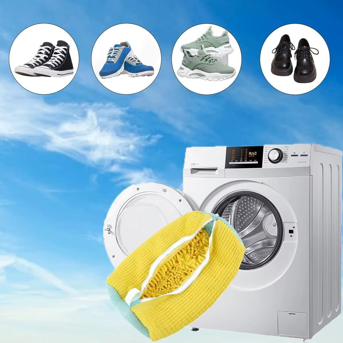 Durable Reusable Shoe Washing Bag for Sneakers - 1-2 Pieces, Yellow and Blue, Zippered, Washing Machine Safe, Protects Shoes During Laundry